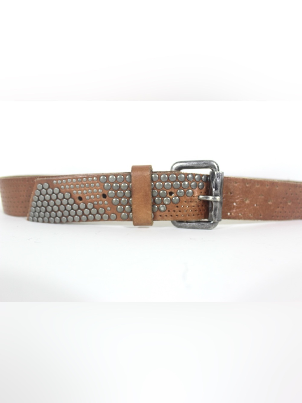 30”-39” Vintage Studded and Pierced Soft Tan Leather Belt with Silver Metal